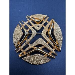 Vintage Roget TM Signed Mid Century Modernist Gold Tone Round Brooch Pin 2.13"